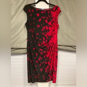 Chaps Sleeveless Red & Black Floral Print Dress, Side Ruching - Size XL